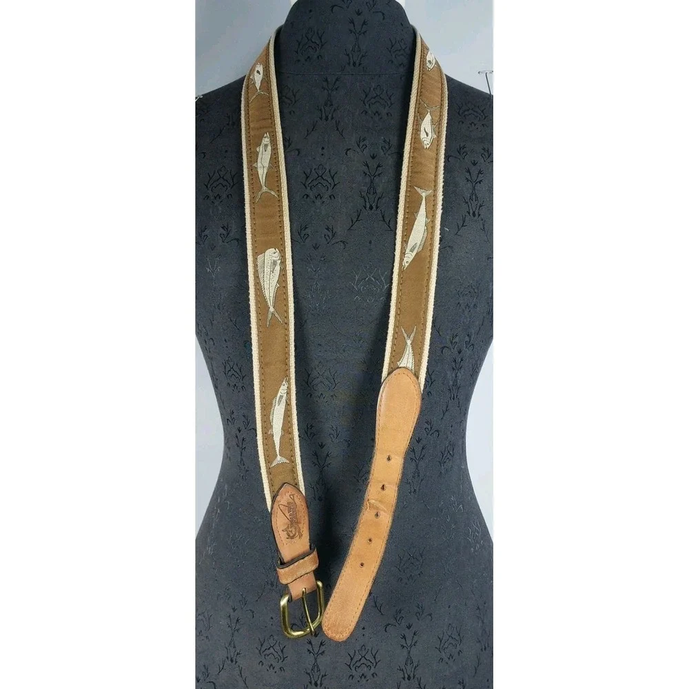 World Wide Sportsman Mahi Mahi Fish Ribbon Belt Sz 44 Brown Leather‎ Canvas USA